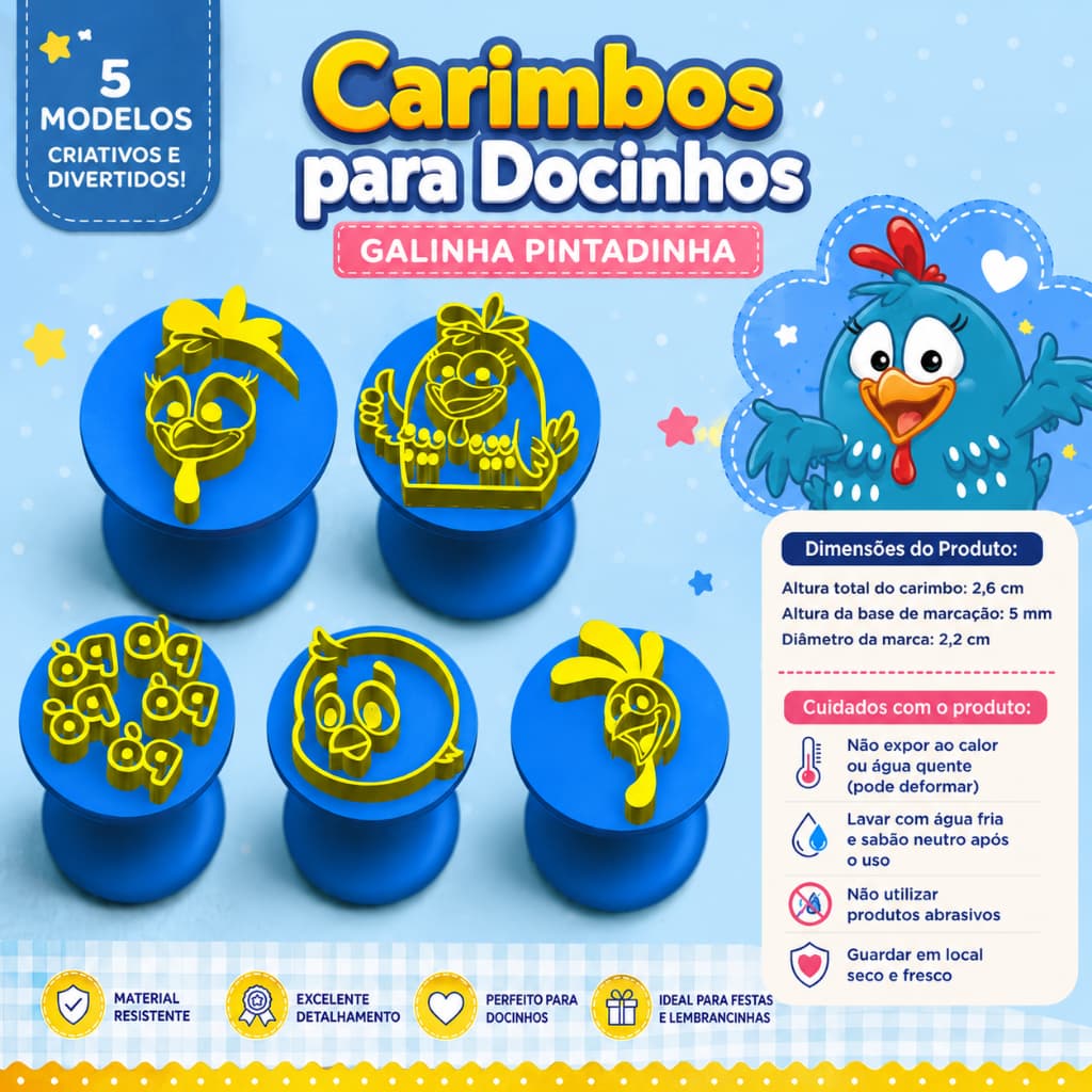 Kit 5 Carimbos de Docinhos Galinha Pintadinha Para Festa Aniversários Eventos Confeiteira Moldes