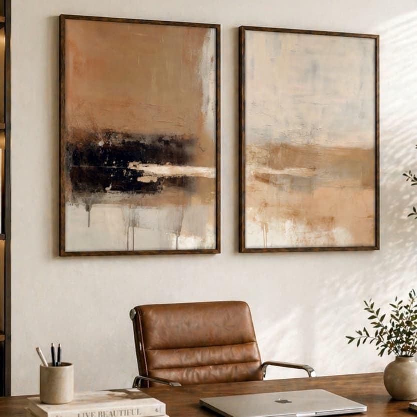 Kit 2 Quadros Decorativos com Moldura Quarto Sala Abstrato Contemporâneo Moderno Tons Terrosos Vidro