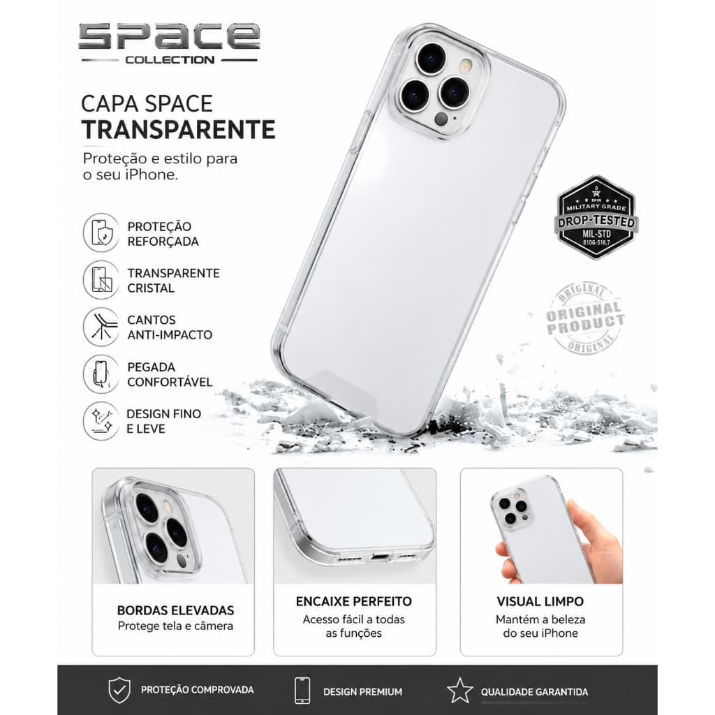 Capa SPACE iPhone Anti Impacto Premium 11 12 13 14 15 16 17 Pro Max