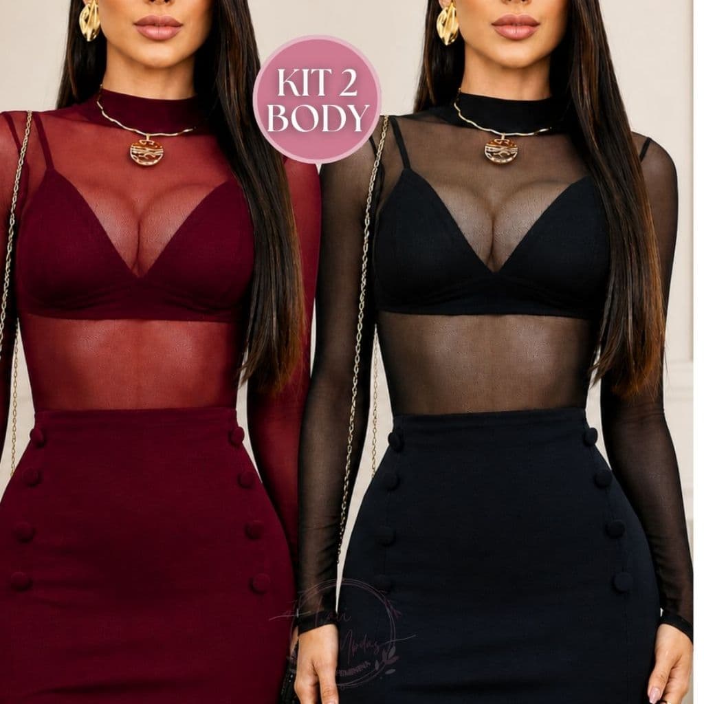 Kit 2 Body Tule Feminino Manga Longa Transparente  Moda Blogueira