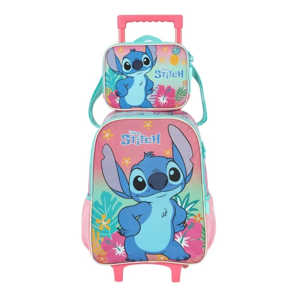 Kit Mochila alça nas costas infantil com Rodinha com Lancheira Térmica Lillo Stitch