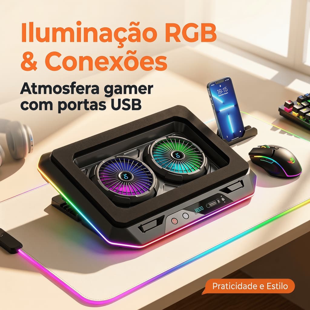 Suporte Gamer para Notebook Cooler RGB Ajustável e Refrigeração Potente GG 3000rpm (DELTA-B3126GG)