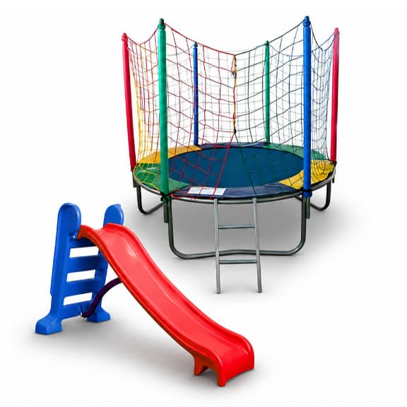 Cama Elástica Infantil Pula Pula Nacional 1,83m + Escorregador Médio 3 Degraus | Azul Com Vermelho