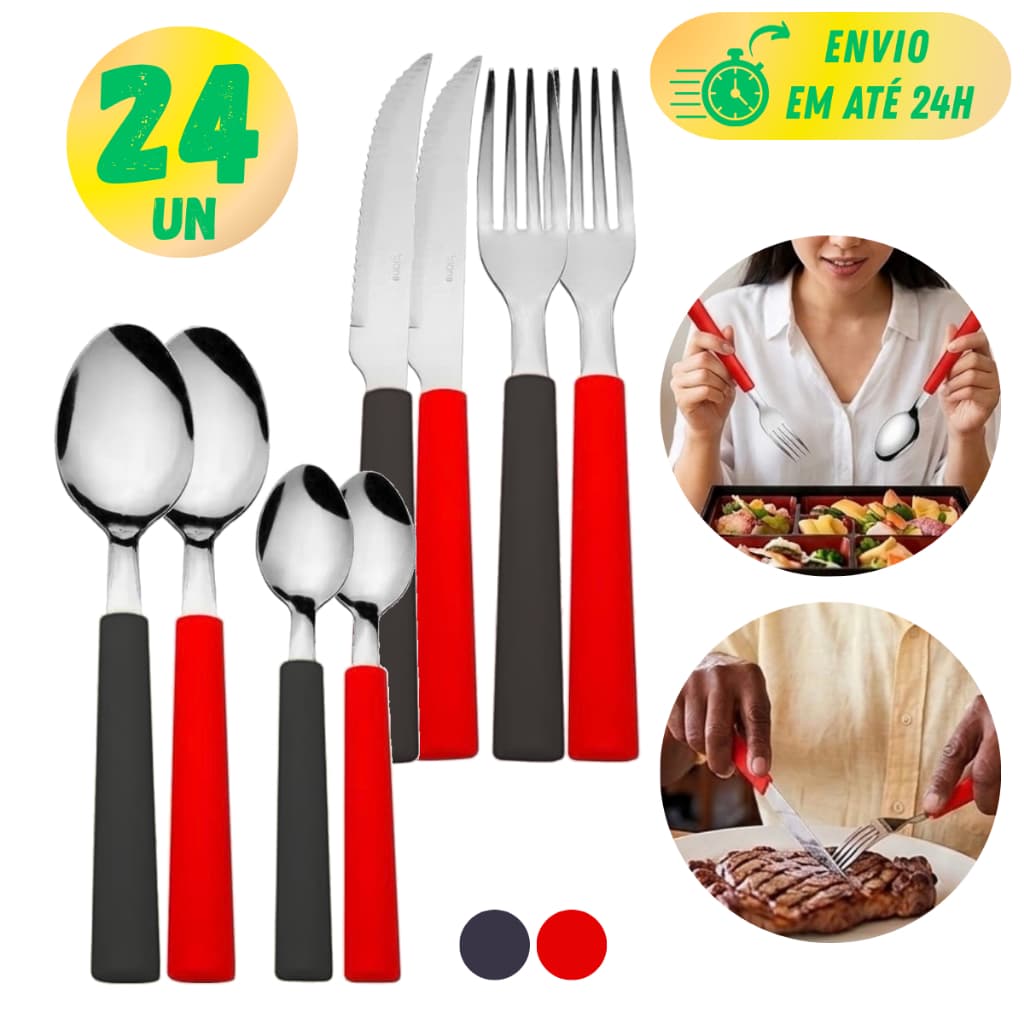 Jogo De Talheres 24 Peças Aço Inox Completo Faqueiro Com Cabo Plástico Gaveta Cozinha Restaurante