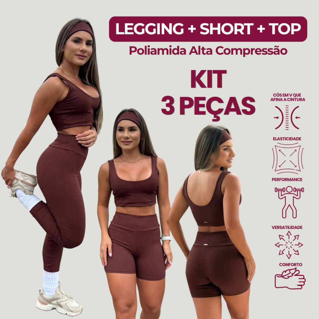 Trio Legging + Short + Top Balance Fit Rib Wide Fitness Feminino Adulto - Estilo e Conforto Premium