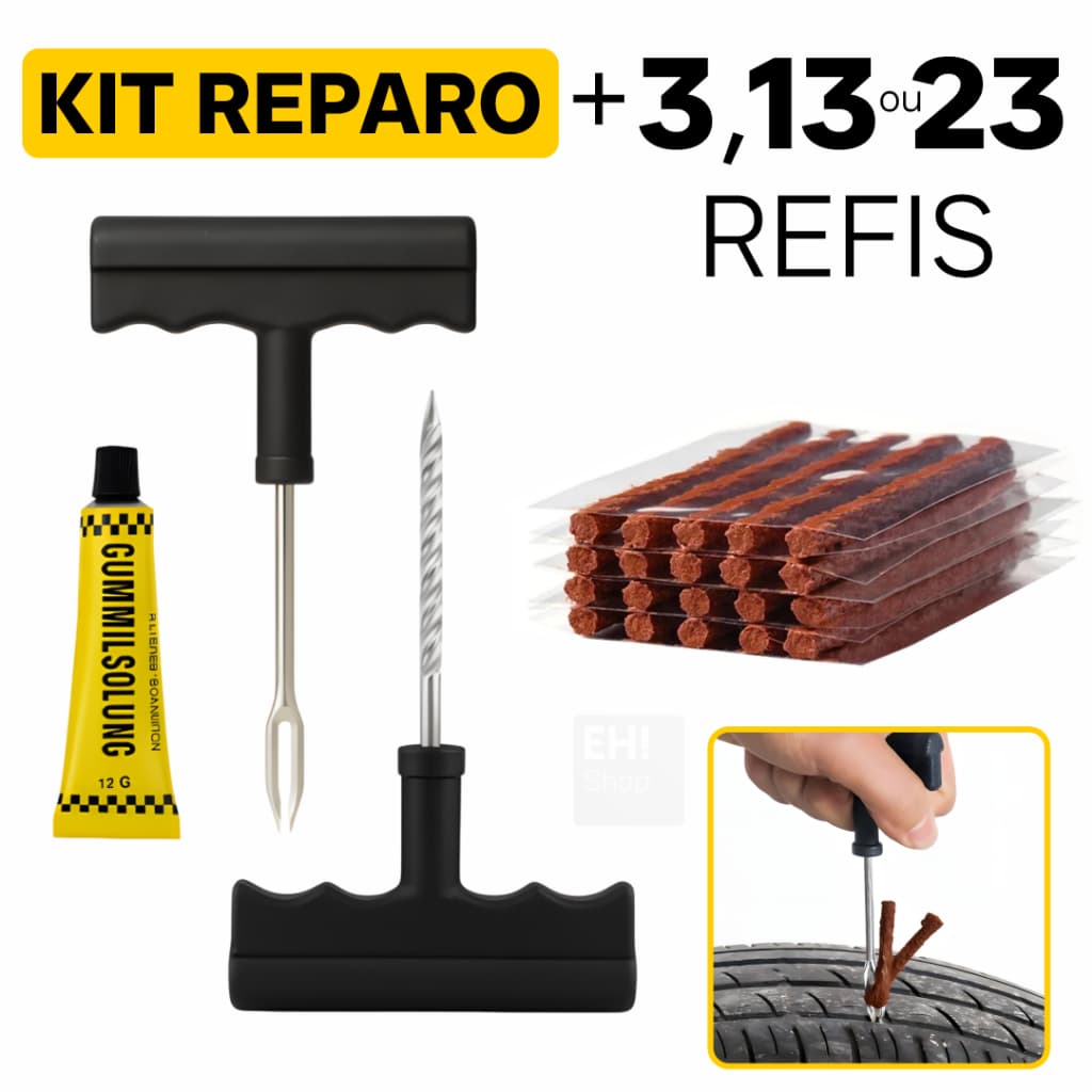 Kit Reparo Pneu Sem Camara Carro e Moto + 20 ou 10 Refil Selante Macarrão Remendo Bicicleta