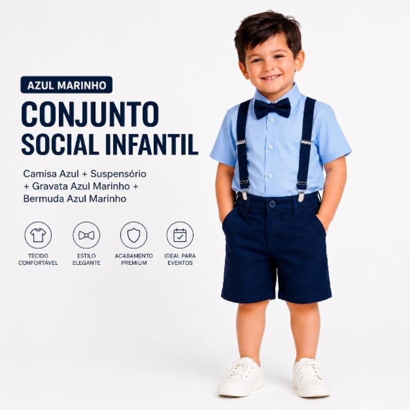 Conjunto Social Infantil Bermuda Azul Marinho Suspensório Camisa