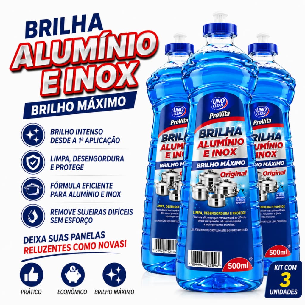 Brilha Alumínio e Inox ProVita 500ml Limpa Panelas Fogão Utensílios Remove Crostas Manchas Gordura