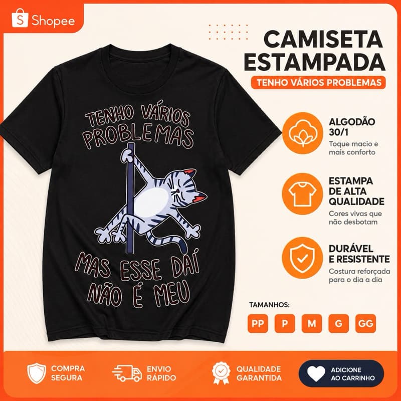 Camiseta Engraçada Gato Tenho Vários Problemas Masculina/Feminina 100% Algodão 30/1 Estampada Premium
