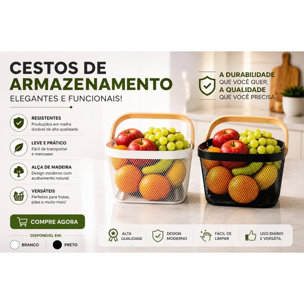 Cesto Organizador Quadrado para Frutas e Outros em Metal com Alça de Madeira – Cesta Multiuso Resistente para Cozinha,