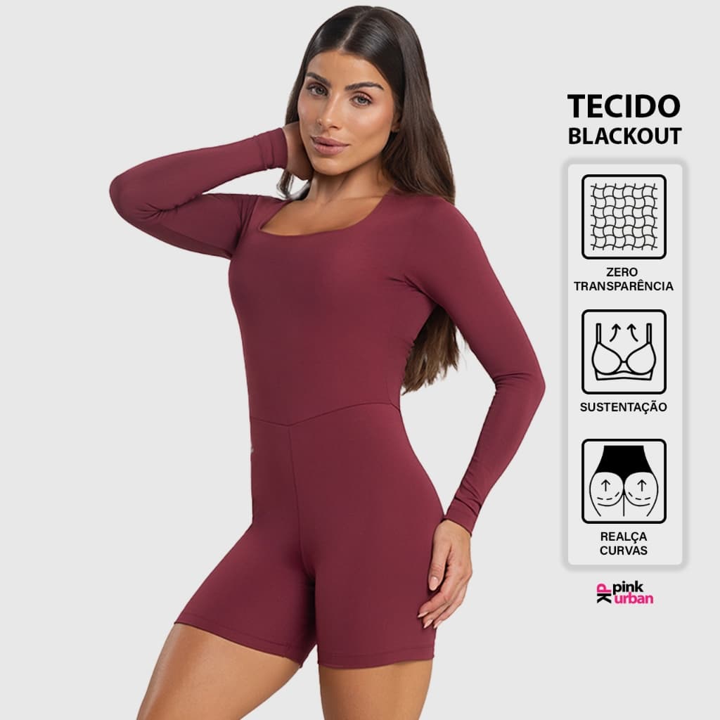 Macaquinho Fitness Feminino Manga Longa Decote Quadrado Balance Blackout Zero Transparência