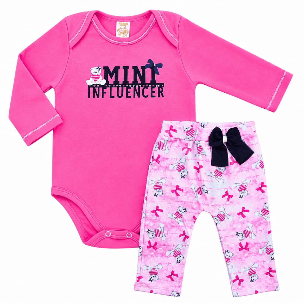 Conjunto Bebê Menina Ursinha Body Manga Longa e Calça Mijão Suedine 100% Algodão Premium Inverno