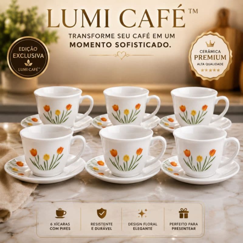 Conjunto 6 Peças Xícaras em Cerâmica Porcelanada com Pires Floral Luxo