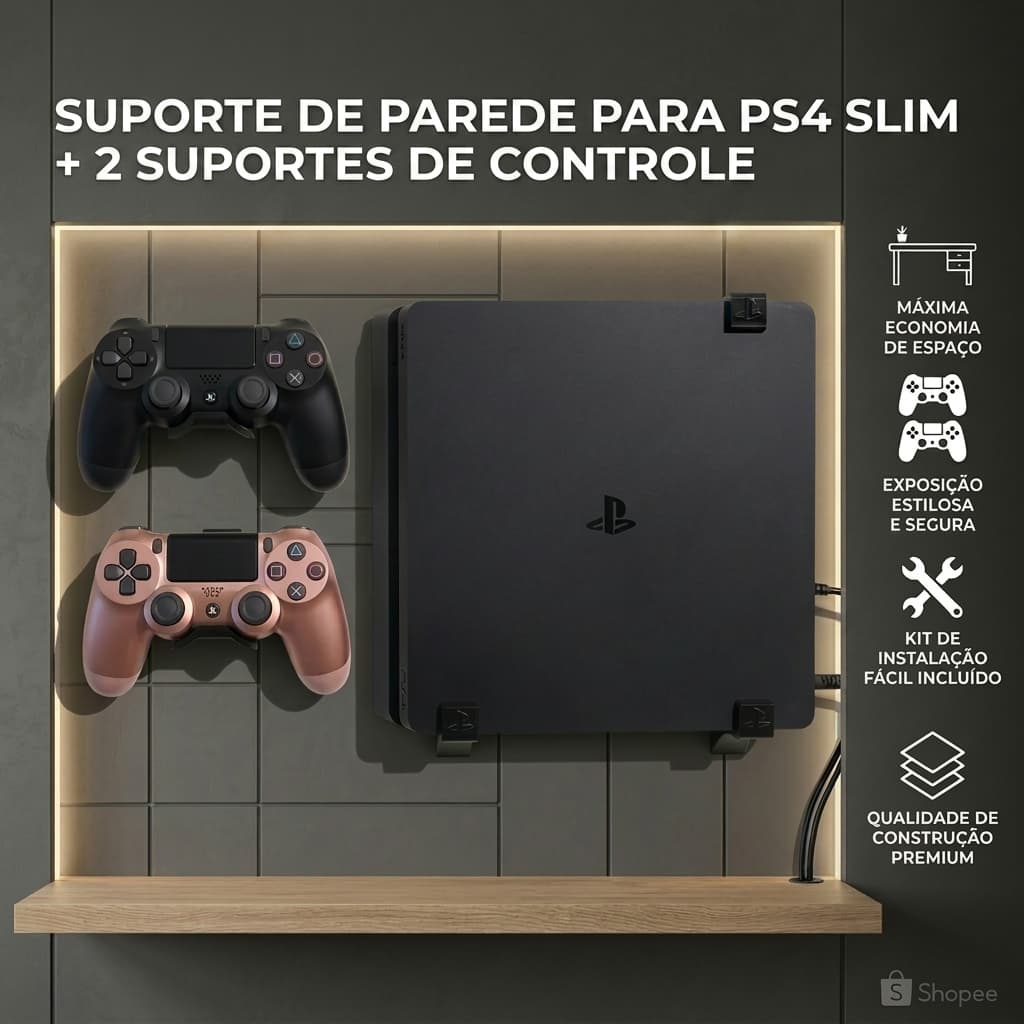 Suporte Preto de Parede para PS4 Slim + 2 Suportes Para Controles + Kit Instalação