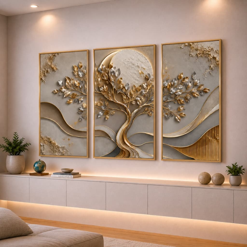 Quadro Decorativo Arvore da Vida Ouro Prata Moderno Luxo Sala Quarto Hall 3 Peças
