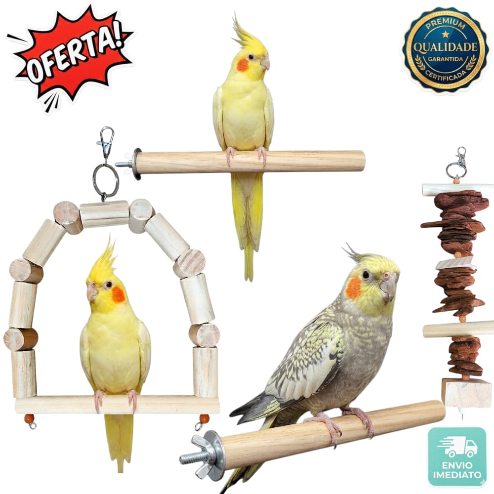 Kit Poleiro e Balanço para Gaiola de Aves | Madeira Natural, para Calopsita, Agapornis, Canário, pardal e Periquito