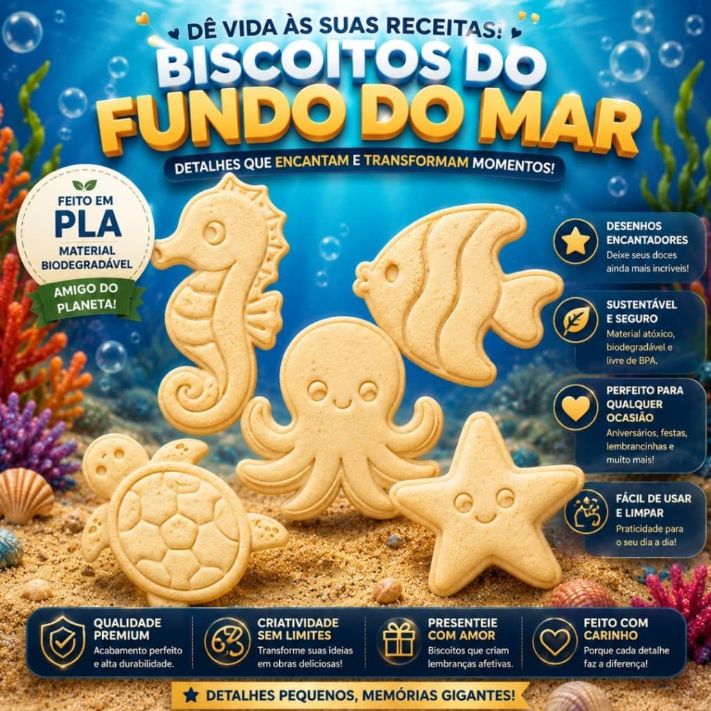 Kit Cortador de Biscoito do Fundo do Mar para Pasta Americana, Biscoitos Modelagem Massinha Cookies Cnfeitaria