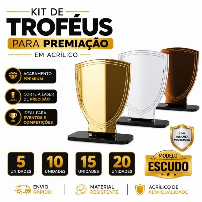 Kit de Troféus em Acrilico para Eventos, Competições e Premiações – 5, 10, 15 ou 20 Unidades | Modelo Escudo