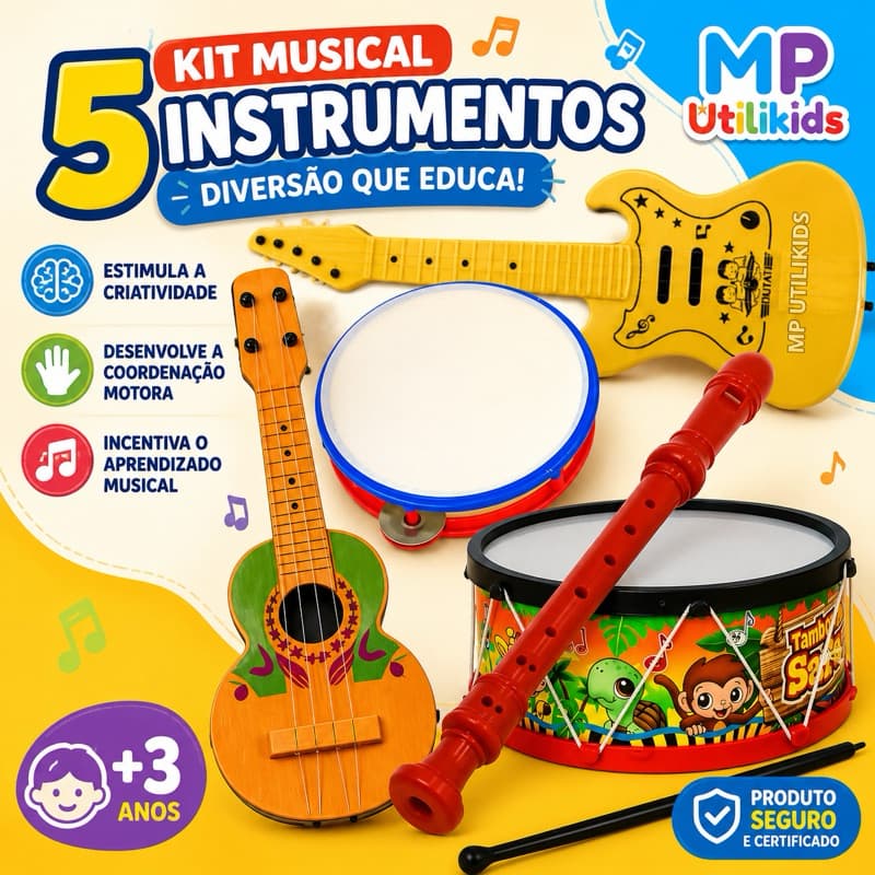 Brinquedo Musical Infantil Kit 5 Instrumentos Educativo Tambor Violão Coordenação Motora Montessori