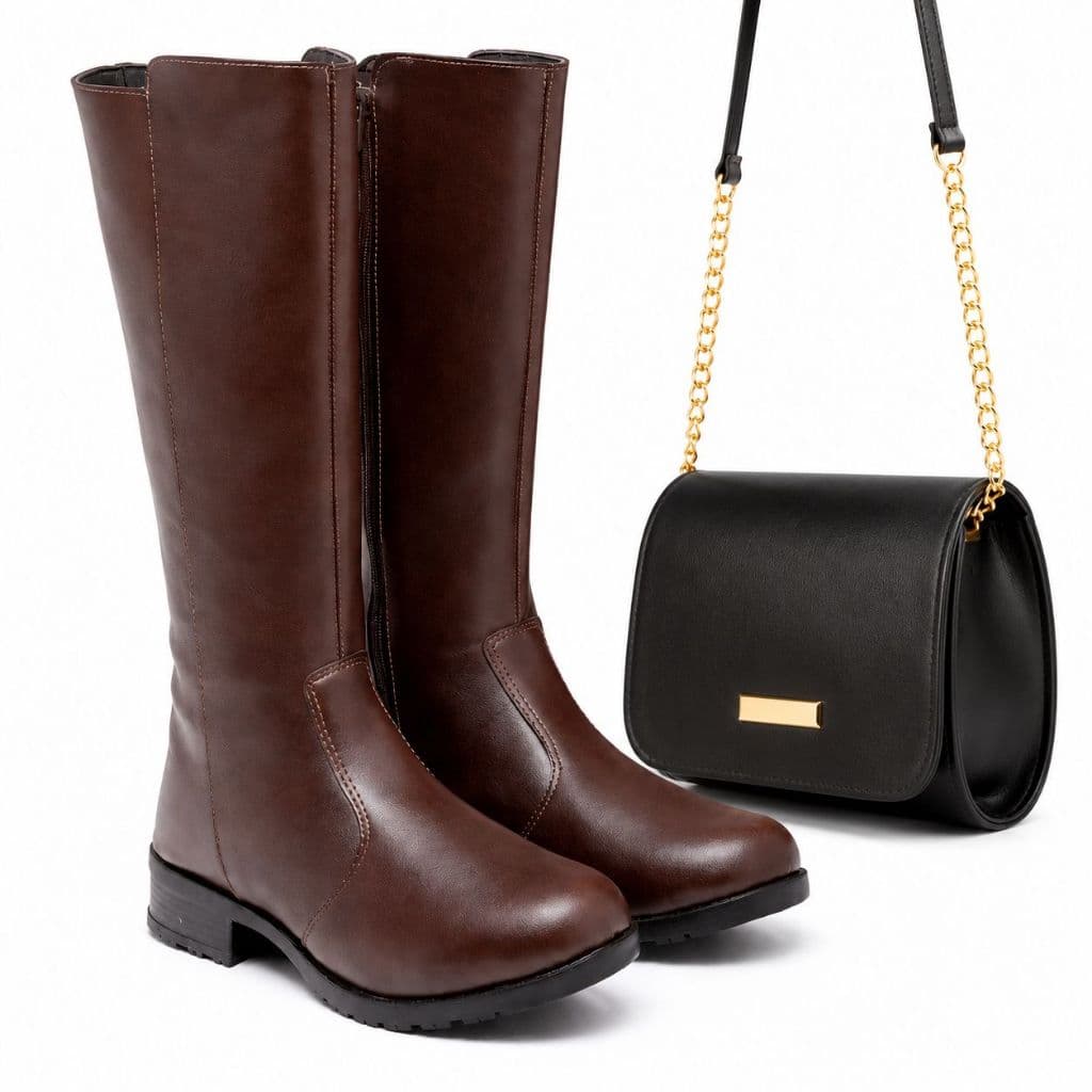 Bota Feminina Cano Longo Premium Super Confortável Resistente Durável para o Dia a Dia com Bolsa Elegante