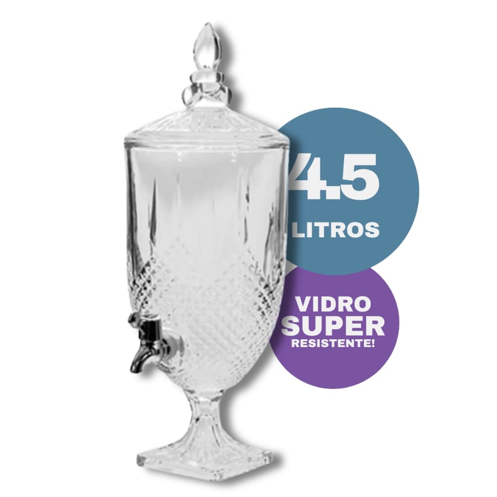 Suqueira de Cristal 4,5L de Luxo c/ Torneira e Tampa - Perfeito para Bebidas - Home, Buffet e Festas