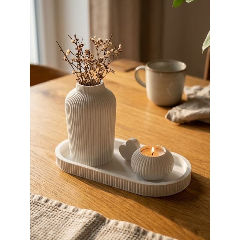 Kit Decorativo Minimalista Premium – Trio Vaso, Bandeja e Porta Vela