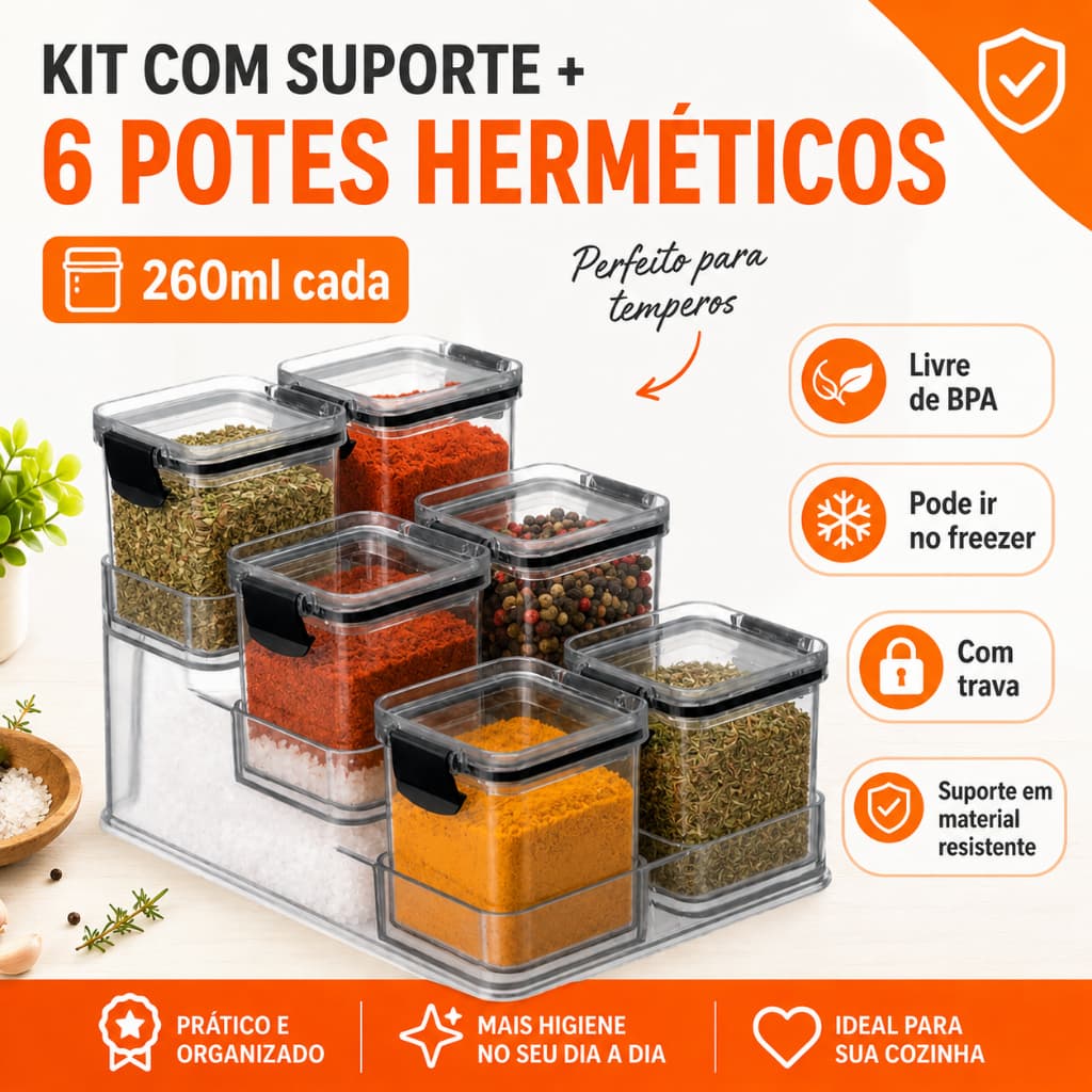 Kit 6 Porta Temperos 260ml com Suporte Herméticos Tampa e Trava Vedação Cozinha Dispensa Armário