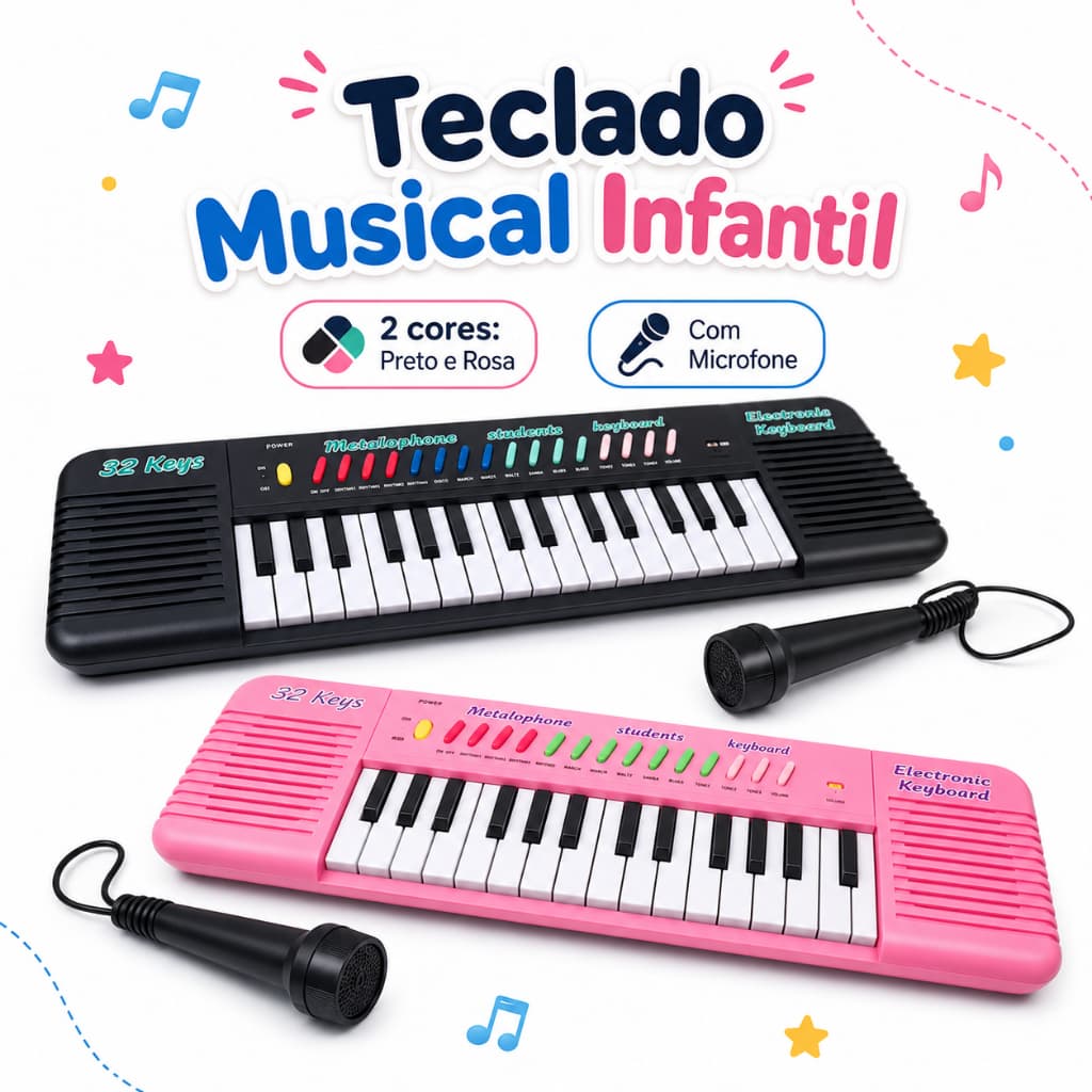 Teclado Piano Infantil com Microfone - 32 Teclas e Função Karaokê Som e Luz