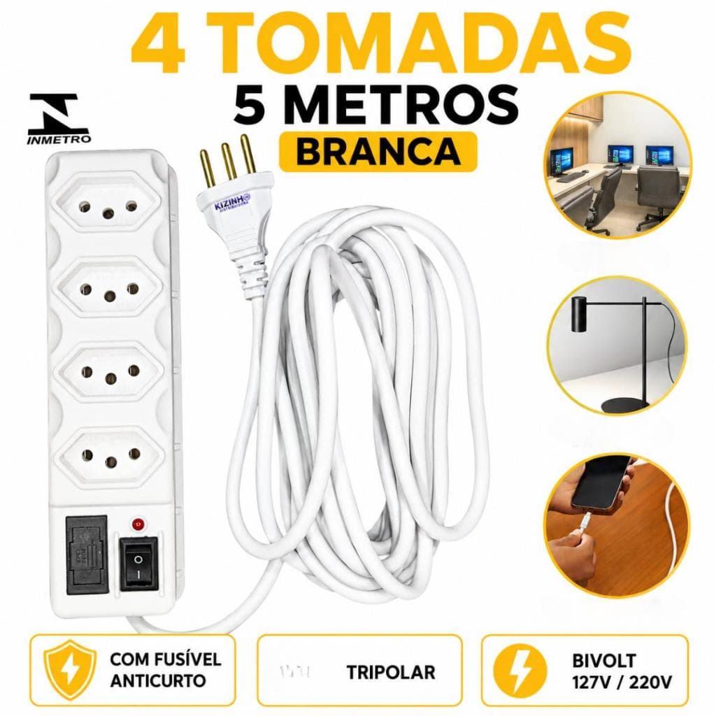 FILTRO DE LINHA 4 Tomadas Tripolar 10A Bivolt Branca 5 Metros Cabo + Régua