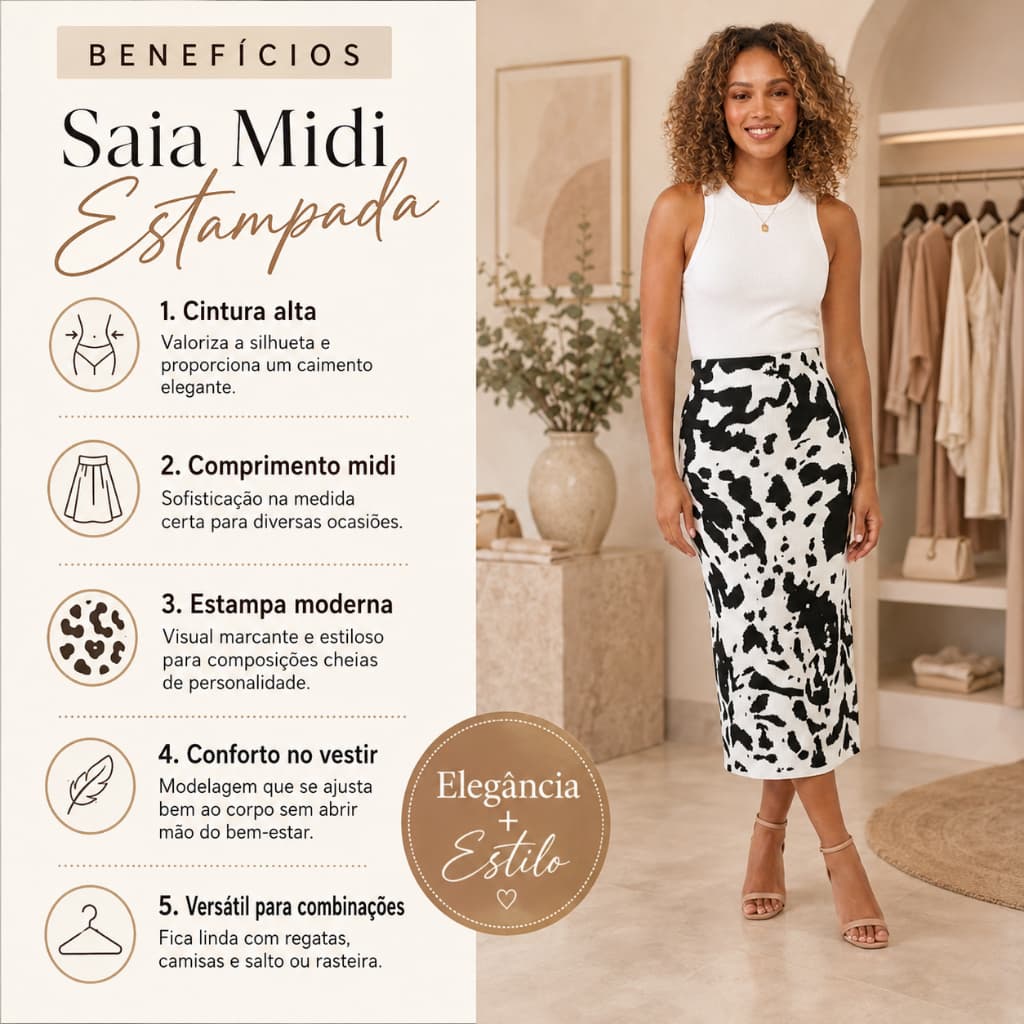 Saia Midi Feminina Animal Print Elegante Cintura Alta Moda Inverno