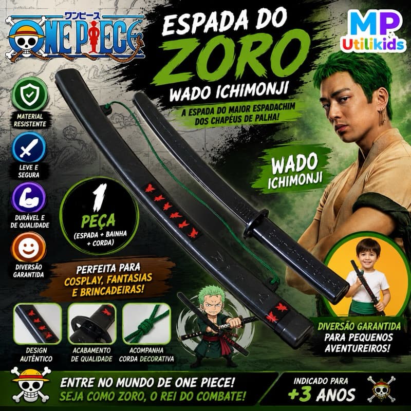 Espada Zoro De Brinquedo Wado Ichimonji Zoro One Piece Infantil Cosplay Bainha Corda Plástico