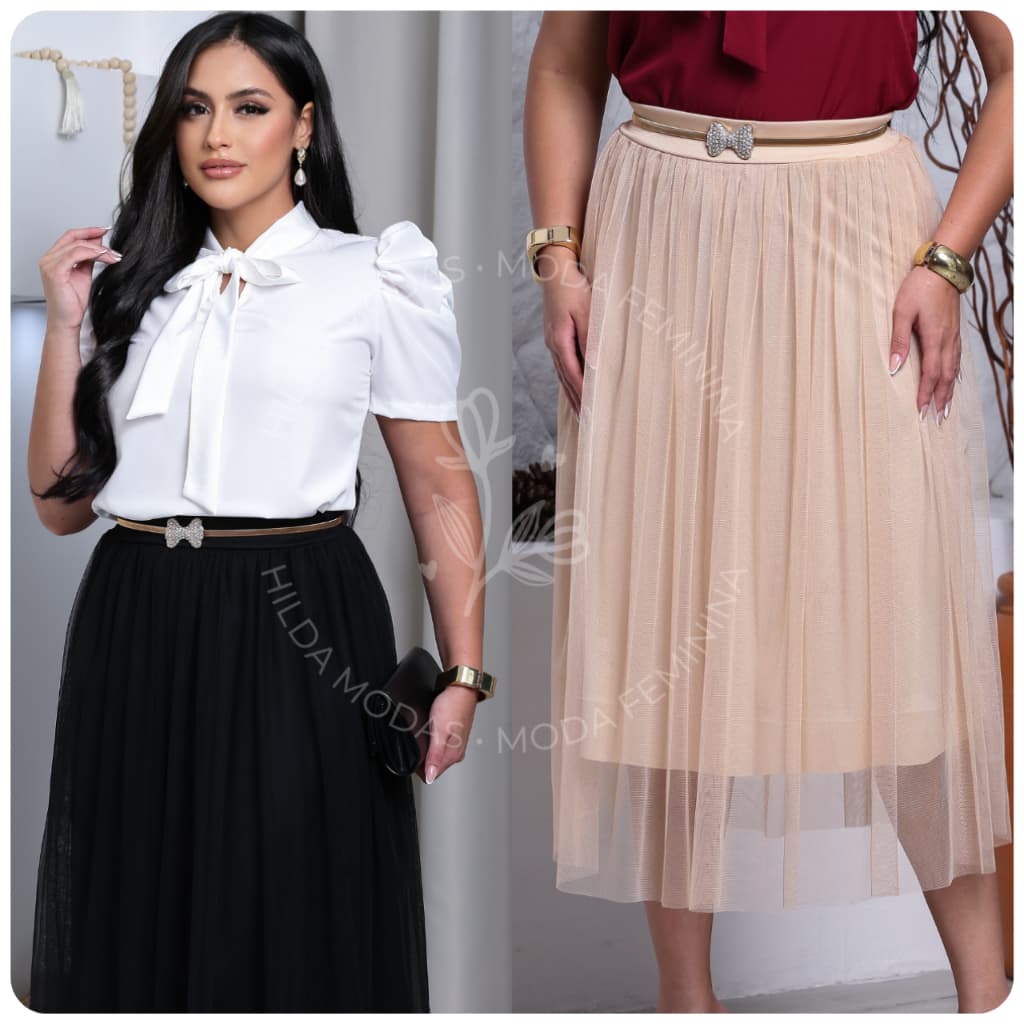 Saia Tule Midi Lisa Básica Elegante Forrada Lisa Moda evangélica Fardamento Festividade Congresso