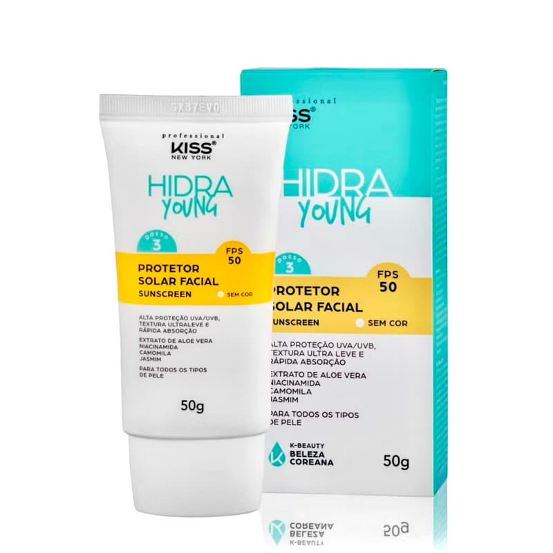 Protetor Solar Facial Coreano SPF 50, Kiss New York Hidra Young, Sem Cor Vegano, Com Aloe Vera,  50g