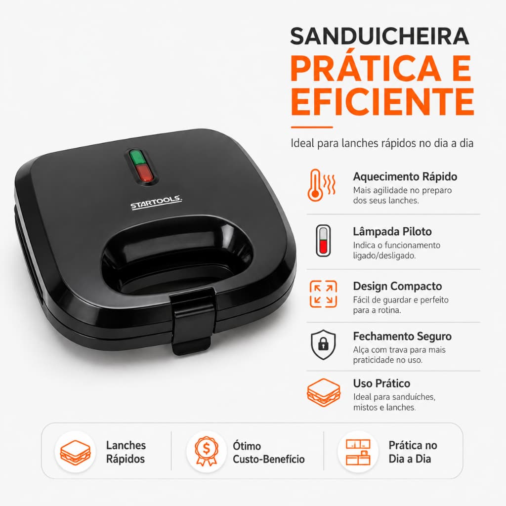 Sanduicheira Elétrica - Potência 750W, Design Compacto, Placas Antiaderentes