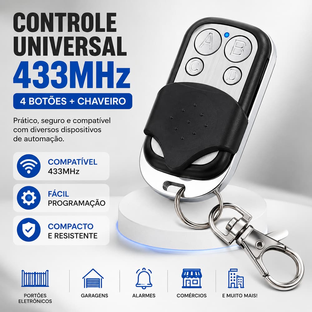 Controle Remoto Universal 433MHz Compatível com Portão Elétrico Automatico Garagem 4 Botões LED Indicador Com Chaveiro