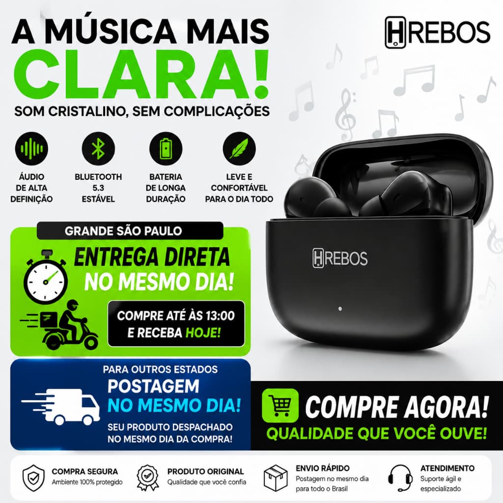 HREBOS EB-401 Fone De Ouvido Sem Fio Tws Fone Bluetooth 5.3 com Microfone
