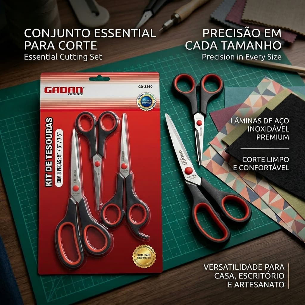 Kit 3 Tesouras Gadan - Tesoura Profissional de 5" 6" 7,5" Multiuso Aço Inox Alta Precisão Casa Escritório Uso Doméstico