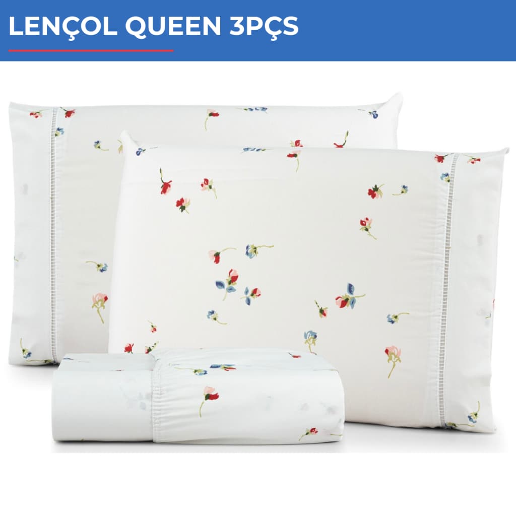 Jogo De Lençol Queen 3pçs Estampado 300 Fios C/ Elástico Mini Flor