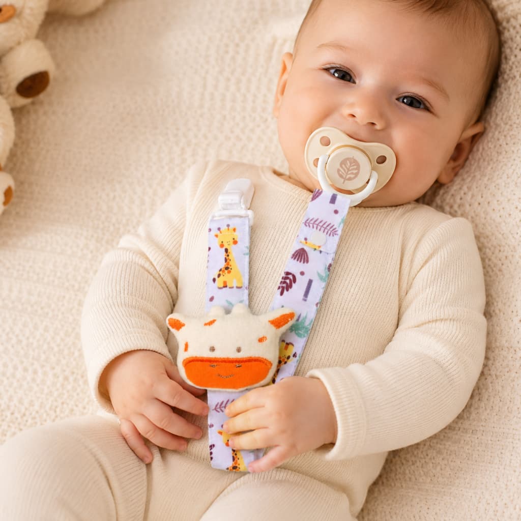 Prendedor de Chupeta com Pelúcia Menino Menina Cordão 100% Algodão 32 cm Clip em Polipropileno Antialergico