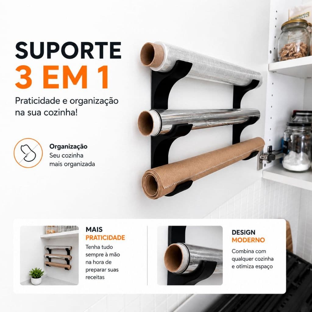 Organizador Cozinha 3 em 1 Suporte Porta Rolo Papel Alumínio Filme PVC Papel Manteiga Parede