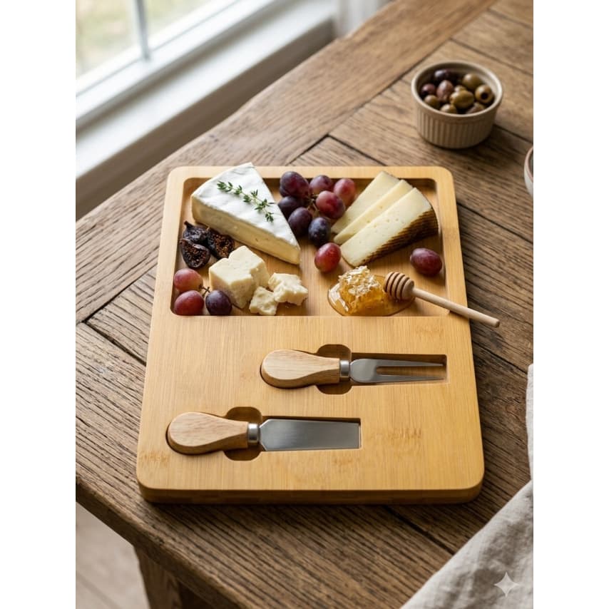 Conjunto Tábua de Queijo Bambu com 2 Facas Petiscos Frios Servir Elegante