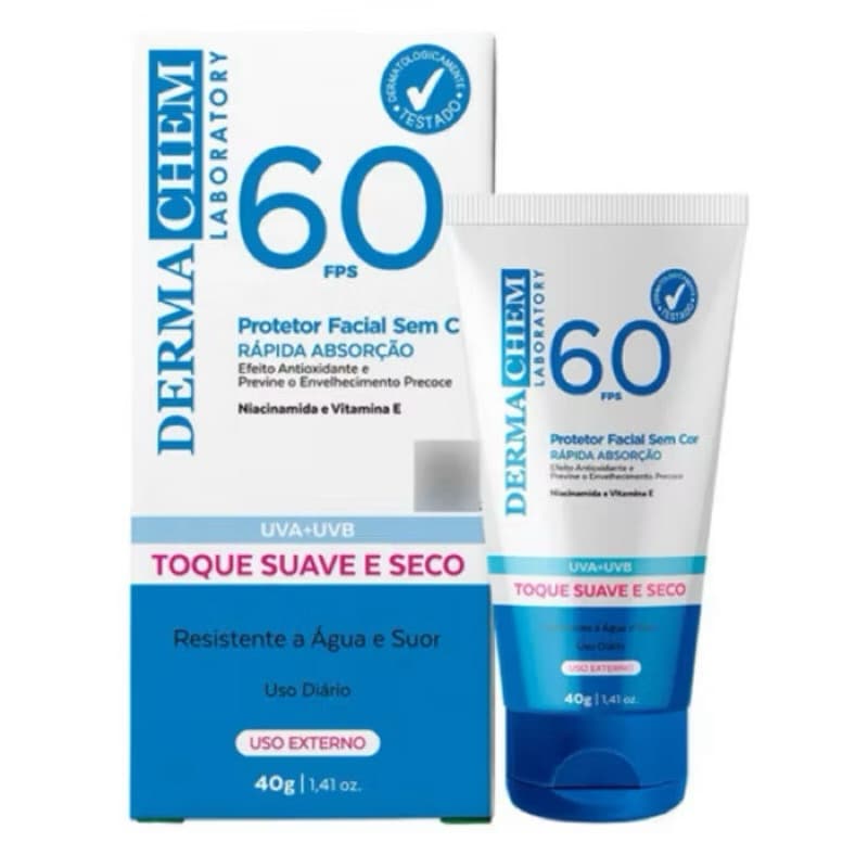 rotetor Solar Rosto FPS 60 Super Hidratante Rejuvenescedor Sem Cor Toque Seco 40g – Dermachem