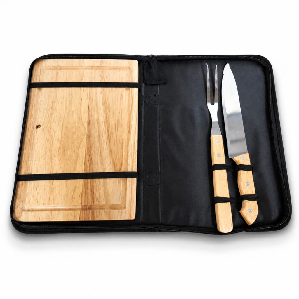 Kit Churrasco Com Estojo Tábua Faca Garfo Peças Para Carne Presente