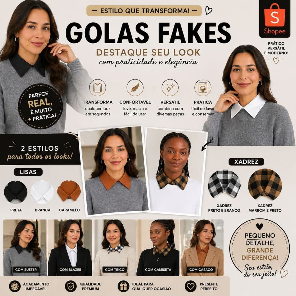 Gola Fake Feminina Masculina lisa e xadrez Elegante – Gola Falsa Removível Camisa Social Look Sofisticado