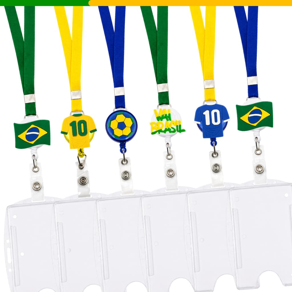 Kit Porta Crachá Brasil Copa do Mundo Hexa Completo c/ Cordinha e Porta Crachá Empresa Escola