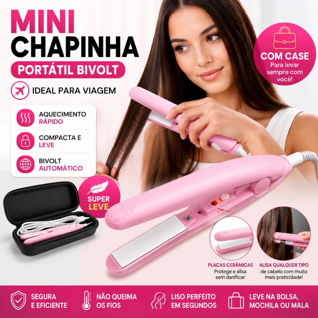 Mini Chapinha Prancha De Cabelo Portátil Bivolt Pequena Com Case Para Bolsa
