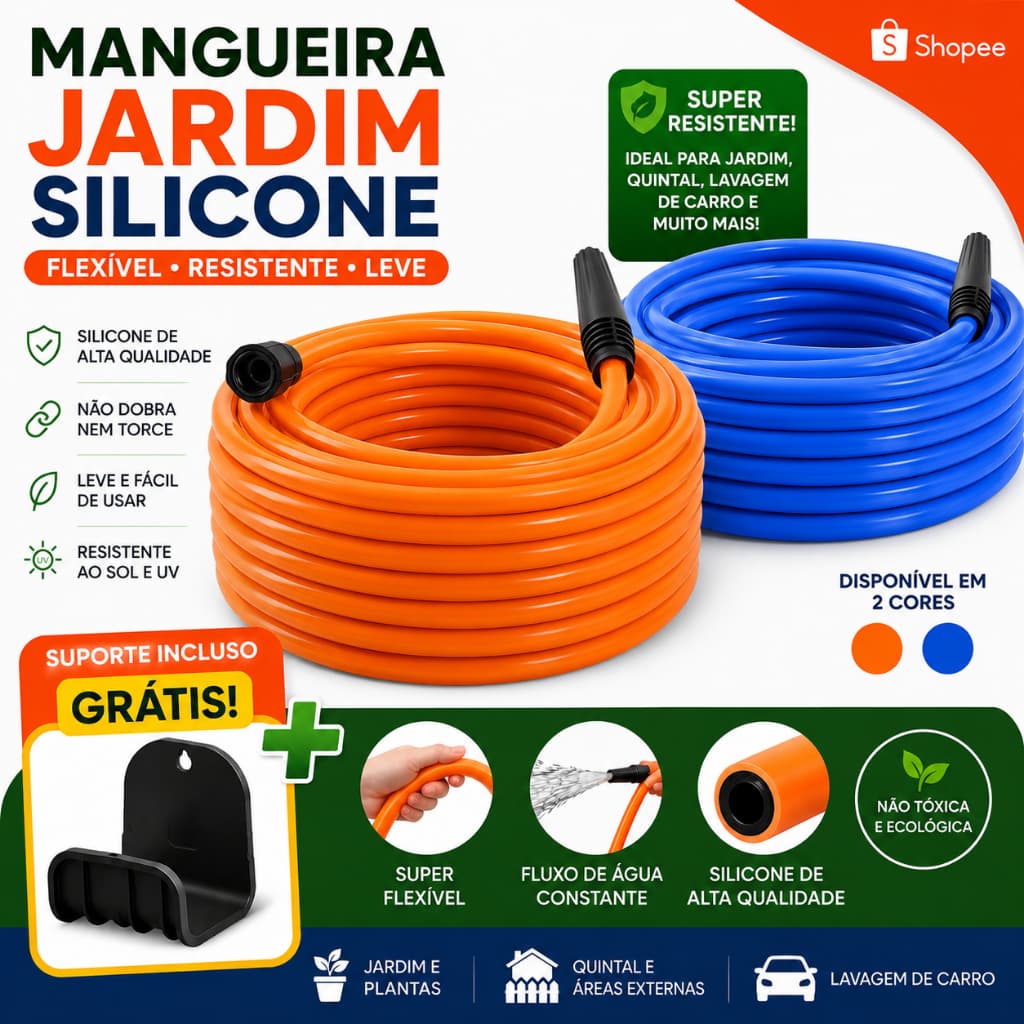 Mangueira Silicone 1/2 Super Flexível com Engate e Esguicho para Jardim e Casa Suporte Incluso