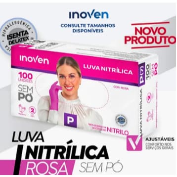 Luva Nitrílica Rosa Inovén Sem Pó Premium - Caixa c/ 100 unidades (Tam P, M ou G)
