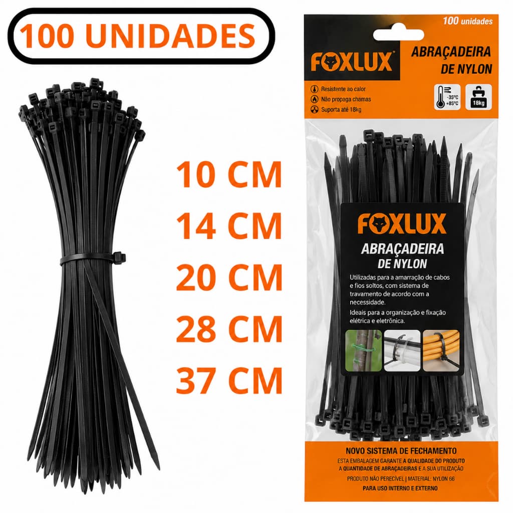Kit 100 Abraçadeira de Nylon Cinta Plástica Enforca Gato Branco Preto 10cm-40cm Foxlux