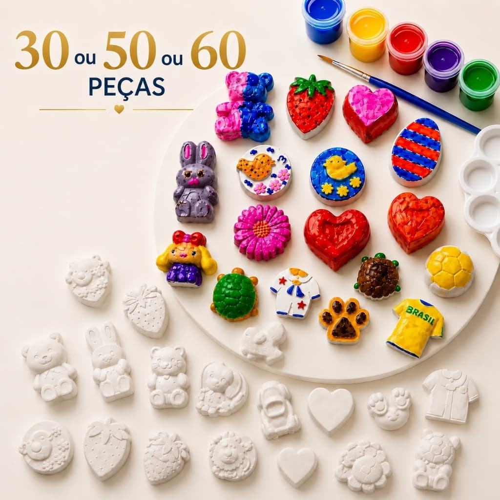 Kit Pintura Crianças Gesso 30 50 60 Peças + 12 Tintas Guache + 1 Pincel + 1 Godê